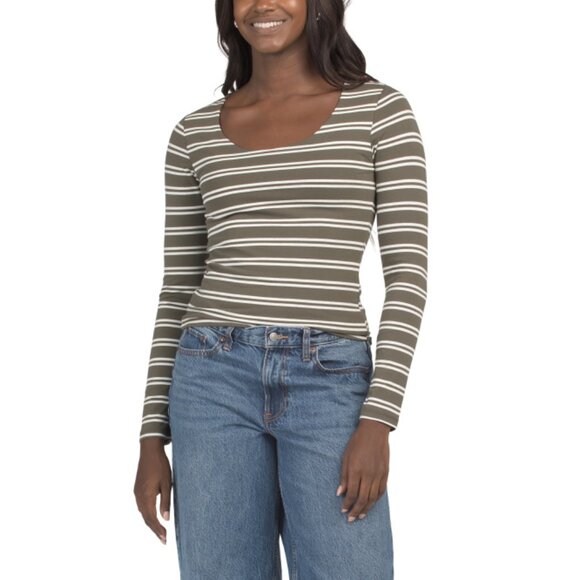 THREE DOTS Olive Stripe Scoop Neck Tee - Picture 1 of 2